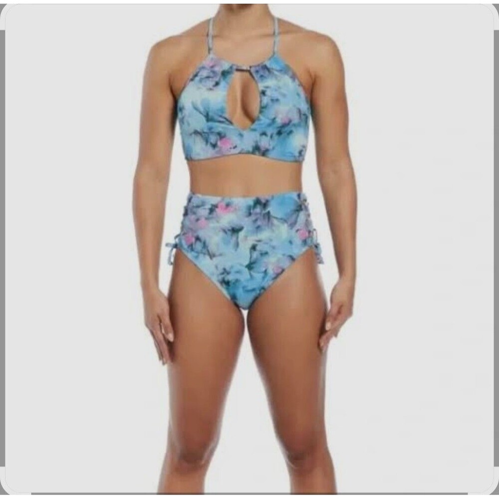 Nike Women's Blue/multi Aqua Floral Lace Up High Waisted Bikini Set Size L NEW